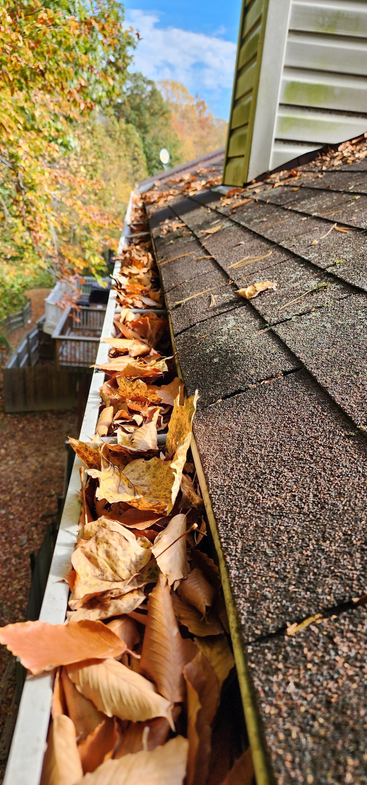Clogged gutter packed with autumn leaves before a Hernandez Roofing Pros gutter cleaning
