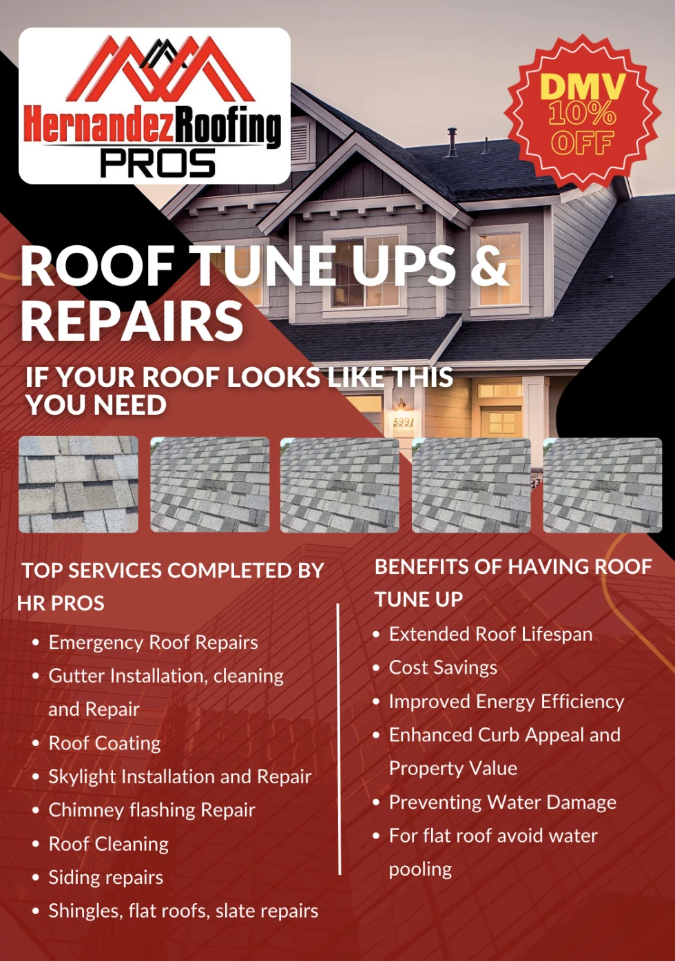 Hernandez Roofing Pros flyer for roof tune-ups and repairs, offering 10% off in the DMV and listing services including emergency roof repairs, gutter installation, roof coating, skylight and chimney repair, roof cleaning, and siding repairs