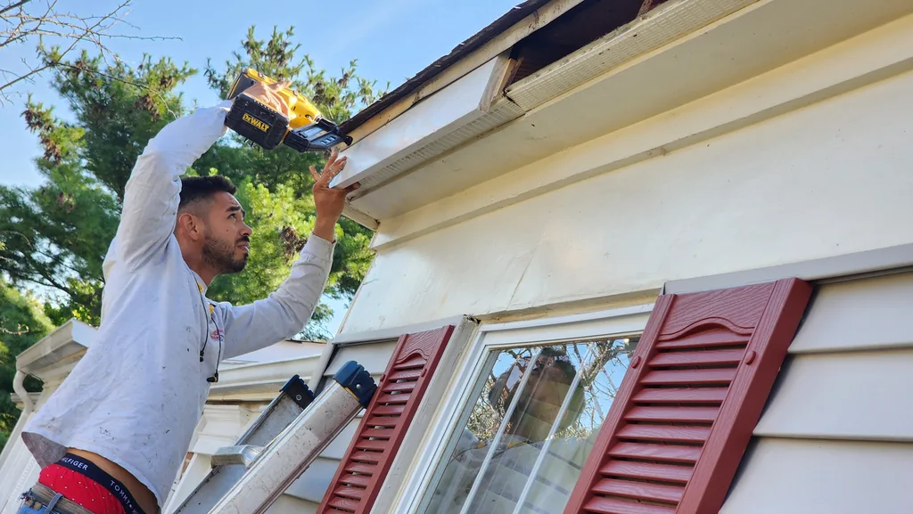 Hernandez Roofing Pros crew member working on fascia board at the roof eaves of a home
